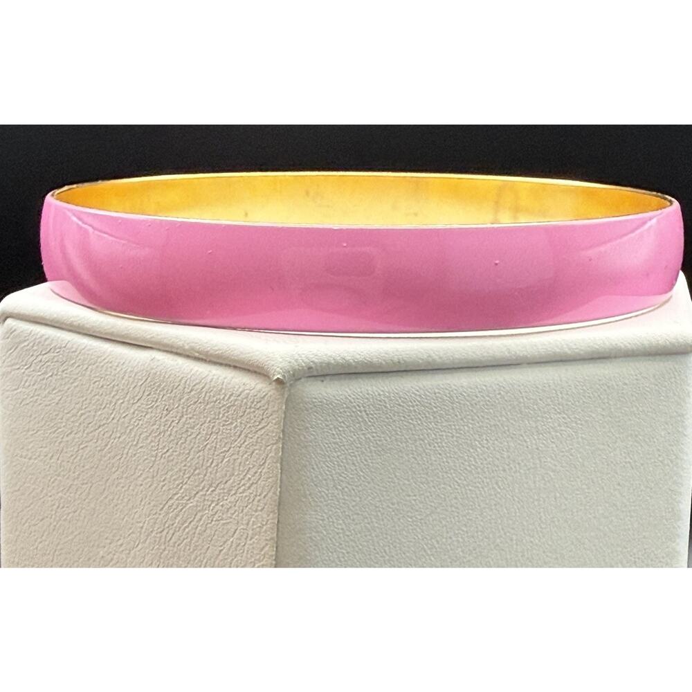 Vintage Pink Enamel Gold Tone Thin Stacking Bangle Bracelet Retro - Picture 4 of 7